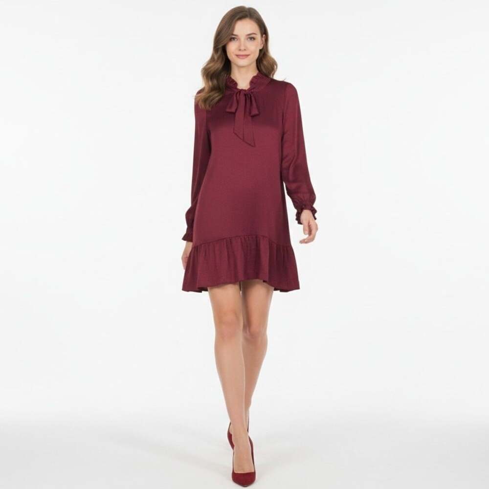 Sandro Paris Tie Neck Ruffle Hem Mini Dress US 8 FR 40 Womens Burgundy $395